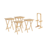 5-Piece Rubberwood Folding TV Tray Table Set of 4 with Storage Rack, Natural - Image 3