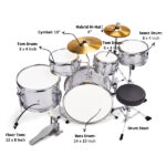 14"x10" 5-Pieces Junior Kids Drum Set Kit Pedal Drum Stick Wrench Drum Stool Silver - Image 8
