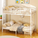 White Twin Bunk Bed Square Tube High Guardrail Side Ladder Opening Iron Bed - Image 14