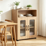 Natural Modern Engineered Wood Bathroom Cabinet with Open Compartment, Anti-Toppling Tall Storage Cabinet with Magnetic Door Catch for Living Room Entryway - Image 7