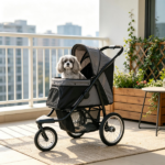 Gray 3-Wheel Pet Stroller – for Small & Medium Dogs, Adjustable Canopy, Safety Tether, Storage Basket - Image 4