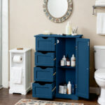 Navy blue, MDF with paint finish and melamine veneer, vertical stripes, 56*30*82.5cm, 4 drawers, 1 door, bathroom vanity - Image 5
