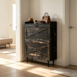 2-Drawer Top-Mounted Barn Door Shoe Cabinet Melamine Board Embossed MDF Shoe Cabinet 31.61*9.45*39.37in Black Oak