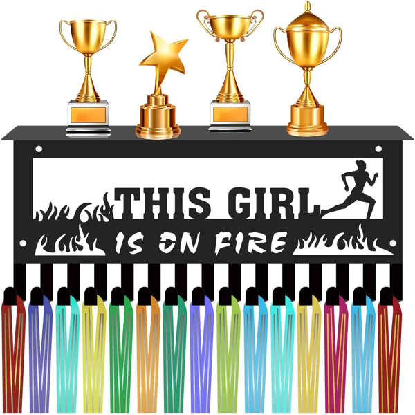 CIFbuy Metal Baked Paint Running Themed Medal Hanger "THIS GIRL IS ON FIRE" Runner Medal Display Rack (TikTok, temu pickup)