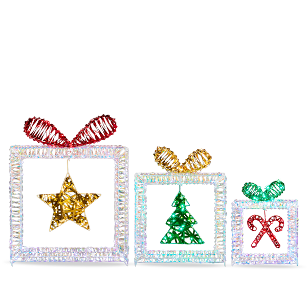 Set of 3 Lighted Iridescent Cut-out Gift Box Christmas Decorations, Pre-lit Holiday Decor with 357 White LED Lights for Xmas Outdoor Indoor Decor Lighted Holiday Displays
