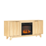 Oak Fireplace TV Stand with 18 Inch Insert, Double Grid Doors & Gold Handles, Embossed Board Media Console 58 x 13.6 x 25.4 Inch - Image 3