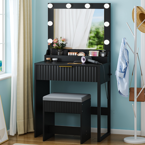 Black particleboard with a 3-compartment, 1-drawer dressing table set with 8 three-tone light bulbs, power strip, and grille series