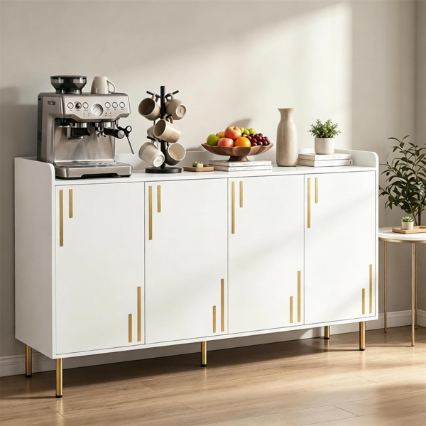 White 4-Door Buffet Storage Cabinet with Push-to-Open Soft Close Doors, Adjustable Metal Legs Anti-Tip Kits Engineered Wood Sideboard Coffee Bar Station for Kitchen Dining Living Room