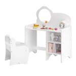 Kids Vanity Table with Mirror and Chair, Wooden Children's Dressing Makeup Desk with Storage Shelves, Study and Activity Table for Girls and Boys, Playroom Bedroom Furniture - White - Image 15