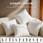 Versatile 22-inch square pillow insert set combines aesthetics with functionality. The full shape perfectly showcases cover designs while providing comfortable support. Neutral white easily coordinates with various decors, suitable for sofas, beds, lounge chairs and more. - Image 7