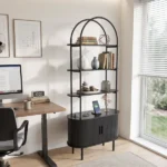 Arched Ceiling + 4-Layer Open Shelving + Double-Door Roller Shutter Display Case Display Rack with Black US Standard Socket (1USB+1Type-C) & Particleboard Melamine Veneer & Iron Pipe Spray Paint 31.5*13.78*70.87in Black - Image 12