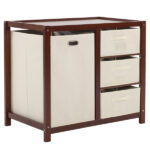 Brown painted pine wood frame children's bed with removable top, 87*53*87.5cm, includes 3 fabric drawers and 1 fabric bag, and a changing table - Image 3