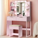Pink particleboard with a melamine finish, a 2-drawer, 4-shelf dressing table set with 10 three-tone light bulbs, a power strip, and a grille. - Image 6