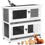 2 Story Solid Wood Rabbit Hutch Bunny Cage with 2 Large Main Rooms, Indoor Outdoor Rabbit House Guinea Pig Cage Pet House for Small Animals with 2 Removable Trays, Grey - Image 17