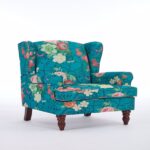 Modern Accent Chair with Retro Wood Legs, Comfy Upholstered Armchair, Floral Design Single Sofa Chair for Living Room Bedroom Office - Floral Cyan - Image 6