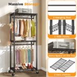 29.5 Inch Rolling Clothes Rack, Adjustable Metal Shelves, Heavy Duty Clothes Rack with Side Hooks for Household, Laundry Room, Black (Shipment from Walmart) - Image 4