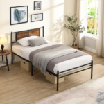 Twin XL Size metal bedframe,Headboard with wood panel decoration,black