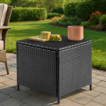 [Replace old code: 87829965] Outdoor PE Wicker Side Table with Storage, Patio Rattan End Table Square Container for Furniture Covers, Toys and Gardening Tools, Black - Image 14