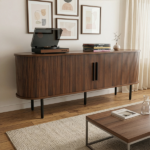 Walnut Embossed Particle Board TV Stand, Oval Tabletop 147×35×58cm, Modern Entertainment Center with Sliding Grid Doors, Media Console Cabinet for Living Room Bedroom - Image 2