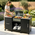59 Inch Multi-Use Outdoor BBQ Grill Prep Table with Removable Storage Shelves, 8 Rolling Lockable Wheels Heavy Duty Metal Grill Cart Stainless Steel Countertop Ventilated Cabinet 880 LBS Total Capacity Black Silver - Image 8