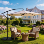 10FT Round Offset Patio Umbrella, Banana Hanging Cantilever Umbrella with 60° Adjustable Angle, Crank System, Cross Base & Pole Sleeve, UPF 50+ Waterproof Polyester Canopy, 6 Iron Ribs for Garden Deck Backyard, Khaki - Image 23