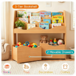 3-Tier Kids Bookshelf Toy Storage Organizer with 2 Rolling Drawers, Rounded Corner Anti-Tipping Toddler Bookcase Engineered Wood for Playroom Bedroom Nursery Classroom - Natural - Image 10
