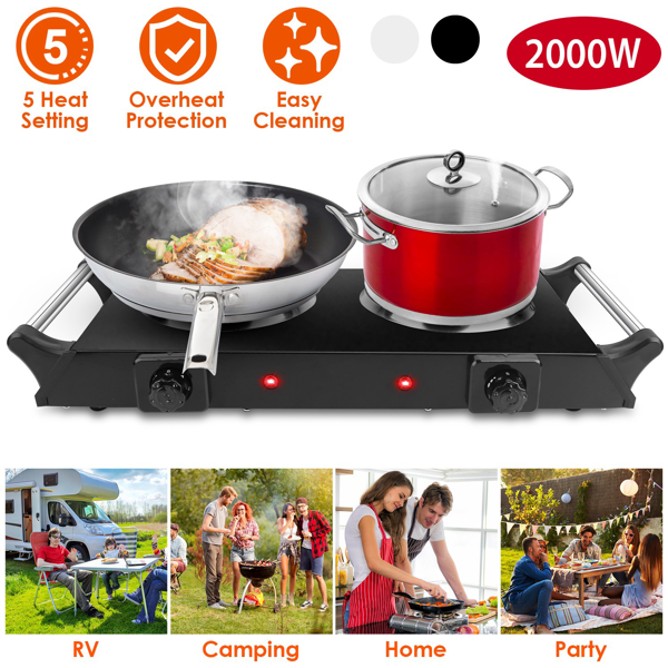 2000W Dual Burner Electric Hot Plate, 5 Temperature Settings (392℉-932℉), Portable Countertop Stove for All Flat Cookware, Fast & Even Heating, Easy to Clean, Ideal for Dorms, RVs, Apartments