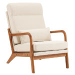 Same Code 47026089 High Back Solid Wood Armrest Backrest Iron Frame Linen Indoor Leisure Chair Off-White
