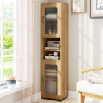 67" Tall Slim Bathroom Storage Cabinet with Fluted Doors, Adjustable Shelf Freestanding Narrow Organizer - Natural - Image 6