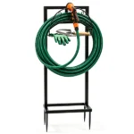 Garden Hose Holder, Water Hose Holder Stand with Storage Basket, Heavy Duty Freestanding Garden Hose Hanger Storage Rack with 4 Spikes for Outside Yard Lawn Farm, Black