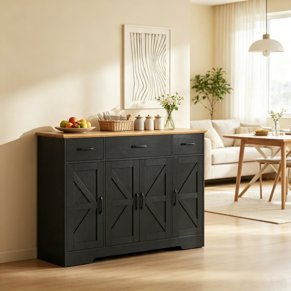 36d0b245-176c-4c72-abcf-73f0e79aaf73.png Black 47" Farmhouse Buffet Cabinet, Soft-Close Hinges, 3 Drawers, Adjustable Shelves, Spice Racks Sideboard - Image 1