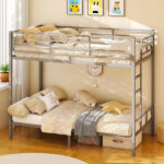 Grey Twin Bunk Bed Square Tube High Guardrail Side Ladder Opening Iron Bed - Image 3
