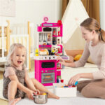 Pink Kids Corner Play Kitchen with Realistic Sounds, Lights & Steam, 95PCS Accessories Pretend Cooking Set for Ages 3+ - Image 3