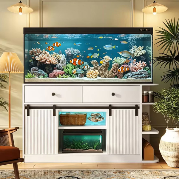 75 Gallon Fish Tank Stand with LED Light &Power Outlets, 55-75 Gallon Aquarium Stand with Sliding Fluted Doors, 2 Large Cabinet and Storage Shelves, Cabinet for 2 Fish Tank Accessories Storage,1200 LB