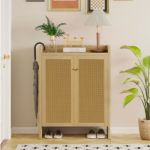 42.5" Tall Rattan Shoe Cabinet with Doors, 6-Tier Wooden Freestanding Shoe Storage Organizer with Adjustable Shelves, Mid-Century Entryway Shoe Cabinet for Hallway & Living Room - Image 7