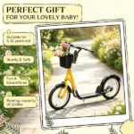 Orange 16" Inflatable Youth Scooter: Kick Scooter with Adjustable Handlebars, Double Brakes, Front Basket and Cupholder - Image 4