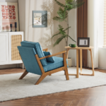 Mid-Century Oak Accent Chair - Linen-Cotton Navy Blue Upholstered Single Lounge Chair, Indoor Armchair with Sturdy Wood Frame (330LBS Weight Capacity) - Image 8