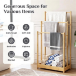  Solid Bamboo Freestanding Towel Rack with 3 Staggered Hanging Bars & Slatted Bottom Storage Shelf, Waterproof Bathroom Towel Drying Holder with Side Stabilizer Bars Rounded Edges Natural Wood Finish - Image 3