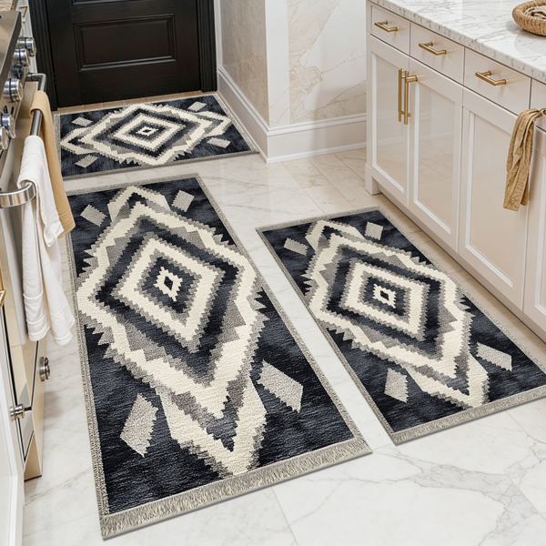 Three-piece kitchen rug set, non-slip and washable, abstract pattern kitchen hallway rug, soft and comfortable, suitable for sinks, floors, entrances, hallways and bathrooms.