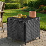 Outdoor PE Wicker Side Table with Storage, Patio Rattan End Table Square Container for Furniture Covers, Toys and Gardening Tools, Black - Image 2