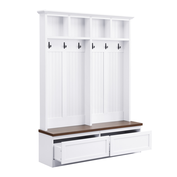 Farmhouse 4-in-1 Hall Tree with Wood Grain Bench, Mudroom Versatile Coat Rack with 2 Large Drawer, Entrance Organizer for Hallway, Living Room, White, 55.9"W