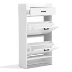 2-tier shoe cabinet with top flip-up lid and drawer, padded shoe changing bench, 1 hook, particleboard, 100*25*117cm, white - Image 2