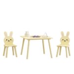 Kids Table and Chair Set with 2 Bunny Chairs, Children's Wooden Activity Table for Toddlers, Cute Animal Design Study Play Set for Playroom, Bedroom, Classroom - Cream Yellow - Image 18