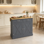 Dark Gray Farmhouse Kitchen Cart – Rolling Island with Drop Leaf Wood Breakfast Bar, 2 Drawers & Adjustable Shelves