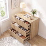 Handleless Grille-Finished 3-Drawer Bedside Table P2 Particleboard + MDF & Melamine Veneer + Thermoformed Drawer Cabinet 23.62*12.99*22.05in Oak - Image 17