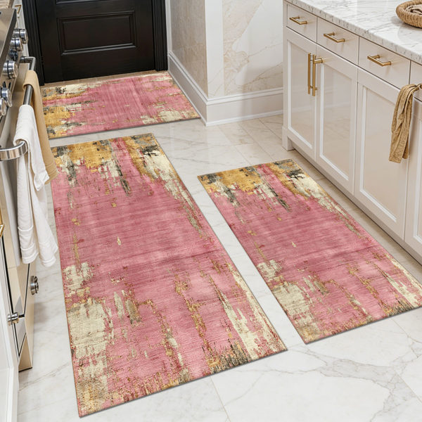 Three-piece kitchen rug set, non-slip and washable, abstract pattern kitchen hallway rug, soft and comfortable, suitable for sinks, floors, entrances, hallways and bathrooms.