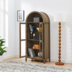 A high arched storage cabinet with a lamp, a modern retro-style wooden storage cabinet with adjustable glass partitions, suitable for use as a multi-functional cabinet in kitchens-Brown - Image 7