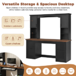 Farmhouse Arched Computer Desk with Hutch, Mid-Century Walnut Home Office Workstation with Charging Station & Keyboard Tray, All-in-One Writing Desk with File Drawer for Study, Office, Black - Image 5