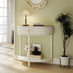 Artisan-Crafted Wave-Pattern Demi-Lune Console Table with Creamy White Finish,Unique Half Moon Design End Table with 2 Storage Drawers and Bottom Shelf for Living room, Bedroom, Study, Hallway - Image 18