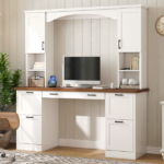 Farmhouse Arched Computer Desk with Hutch, Mid-Century Walnut Home Office Workstation with Charging Station & Keyboard Tray, All-in-One Writing Desk with File Drawer for Study, Office, White - Image 19
